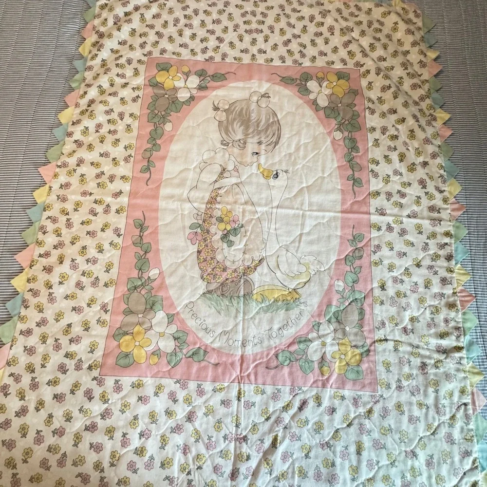 Vintage Precious Moments Quilt Blanket Baby Girl Pink‎ Floral Goose 46x35